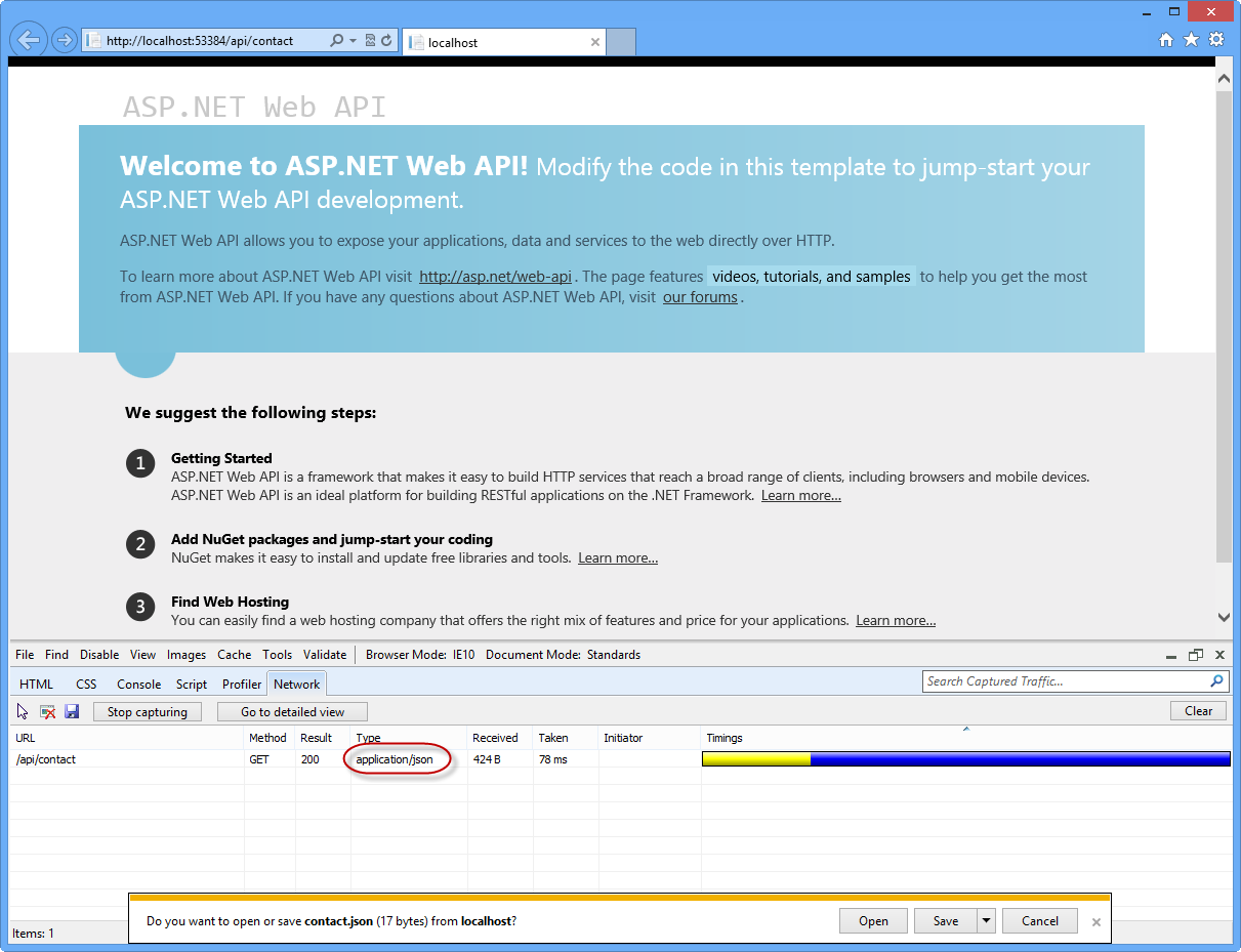 Visualización de la salida de la solicitud de la Web API en la vista de red