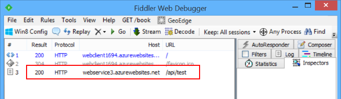 Depurador web de Fiddler que muestra solicitudes web