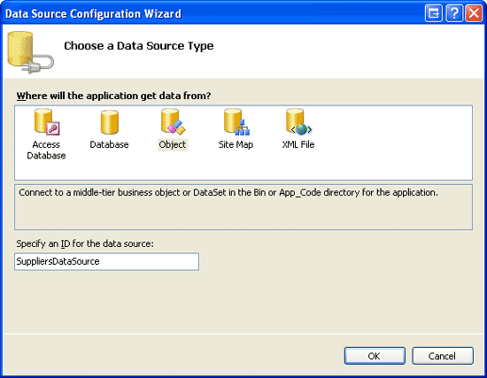 Crear un nuevo ObjectDataSource denominado SuppliersDataSource