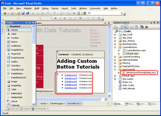 Agregar el control de usuario SectionLevelTutorialListing.ascx a Default.aspx