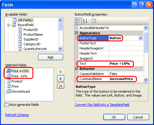 Configurar las propiedades ButtonFields Text, CommandName y ButtonType