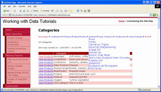 El control de menú enumera cada una de las categorías y productos