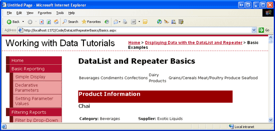 Una <tabla> HTML de una sola fila enumera cada categoría en una columna independiente