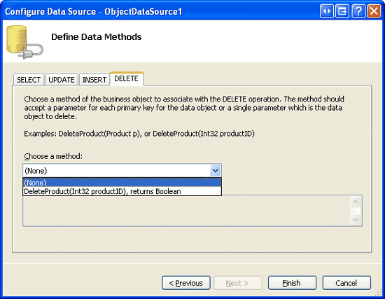 Confirmar que las listas desplegables en las pestañas INSERT, UPDATE y DELETE de ObjectDataSource están establecidas en (Ninguno)