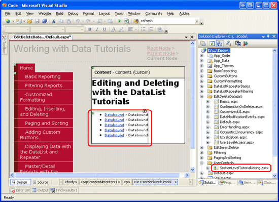 Adición del control de usuario SectionLevelTutorialListing.ascx a Default.aspx