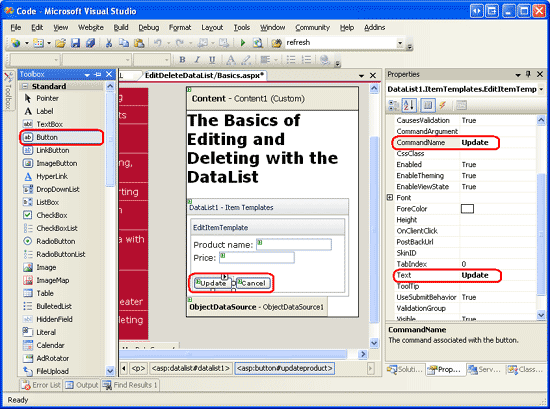 Captura de pantalla en la que se muestra EditItemTemplate de DataList con los botones Actualizar y Cancelar agregados.