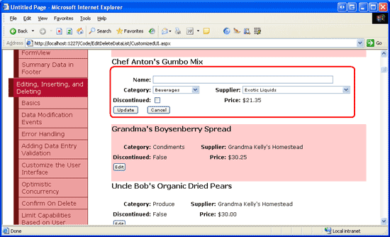 Captura de pantalla que muestra DataList EditItemTemplate después de agregar los controladores de eventos EditCommand y CancelCommand y se ha seleccionado el botón Editar.