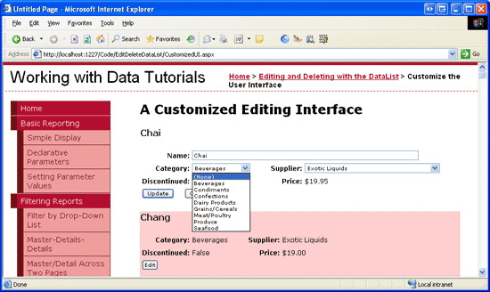 Las categorías y proveedores de DropDownLists incluyen una opción (None)