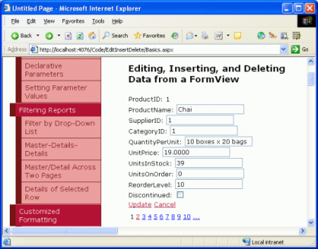 De forma predeterminada, EditItemTemplate muestra cada campo de producto editable como TextBox o CheckBox