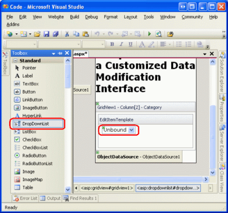 Eliminación de TexBox y adición de un control DropDownList a EditItemTemplate