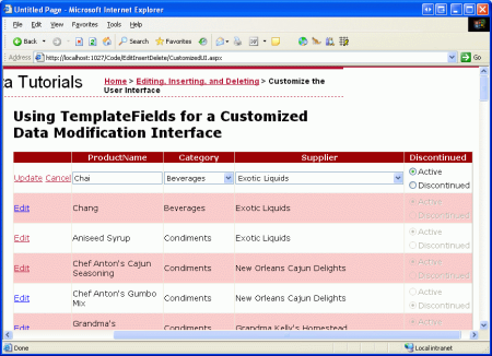 La interfaz de edición de GridView incluye controles DropDownList y RadioButton