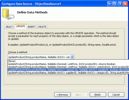 Configuración de ObjectDataSource para usar la sobrecarga UpdateProduct recién creada