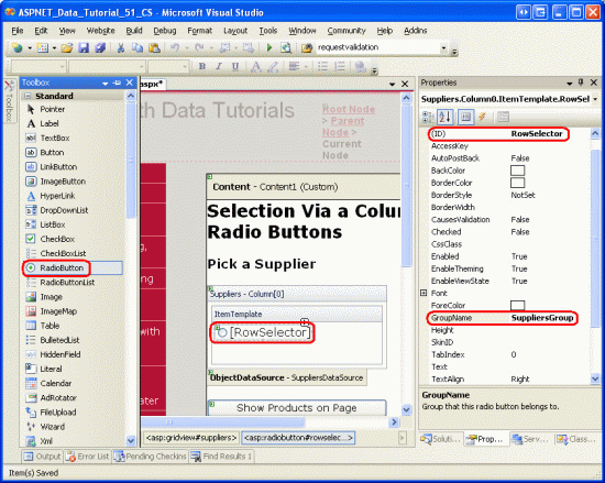 Add a RadioButton Web Control to the ItemTemplate