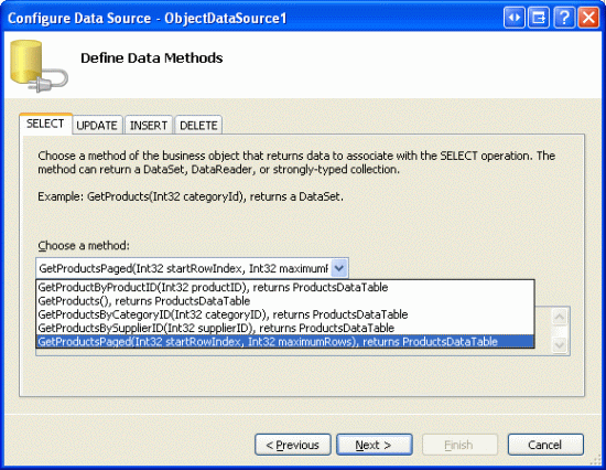 Configure ObjectDataSource para usar el método GetProductsPaged de la clase ProductsBLL