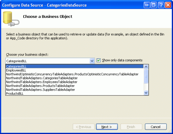 Configure el ObjectDataSource para usar la clase ProductsBLL