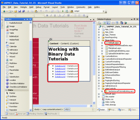 Adición del control de usuario SectionLevelTutorialListing.ascx a Default.aspx