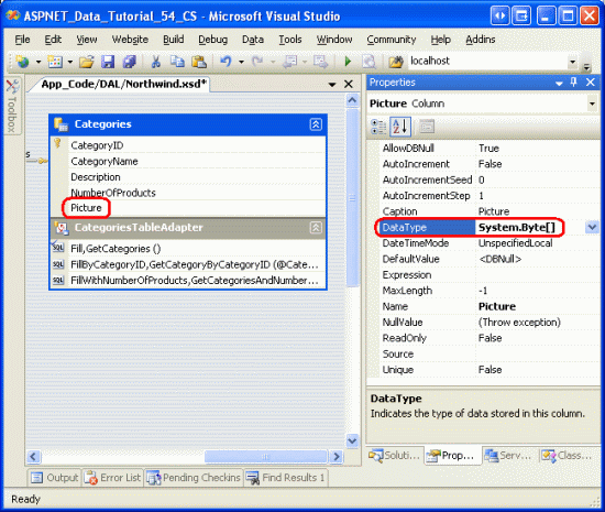 Cree una imagen con nombre DataColumn cuyo DataType es System.Byte[]