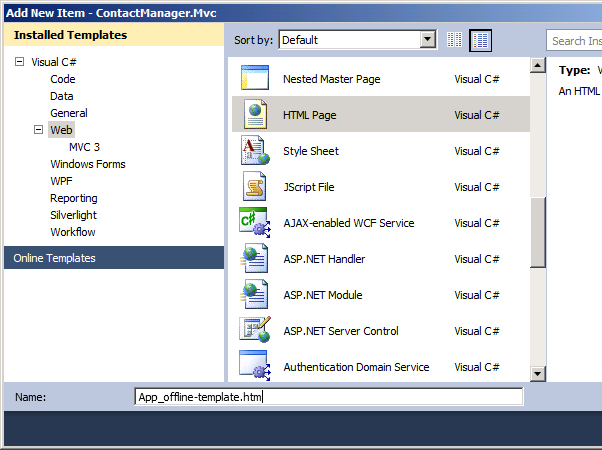 In the Name box, type App_offline-template.htm, and then click Add.