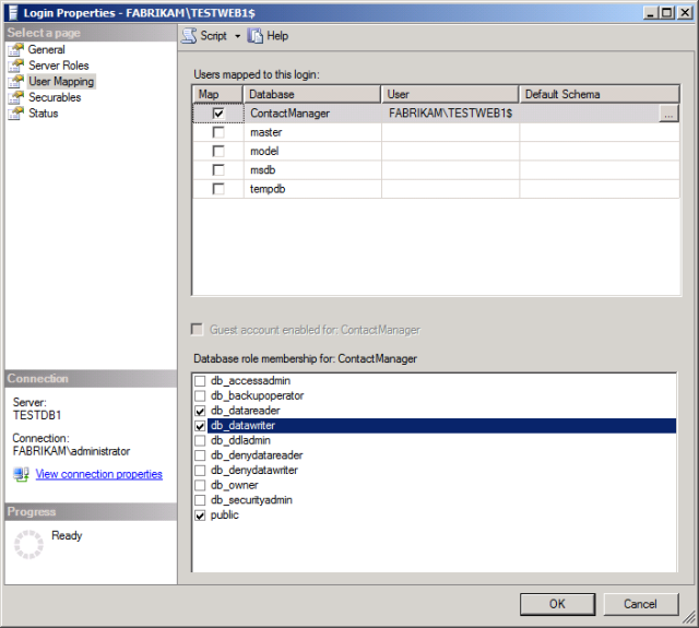 En la lista Pertenencia a roles de base de datos para: [nombre de base de datos], seleccione los permisos necesarios. En el caso de la solución de ejemplo Contact Manager, debe seleccionar los roles de db_datareader y db_datawriter.