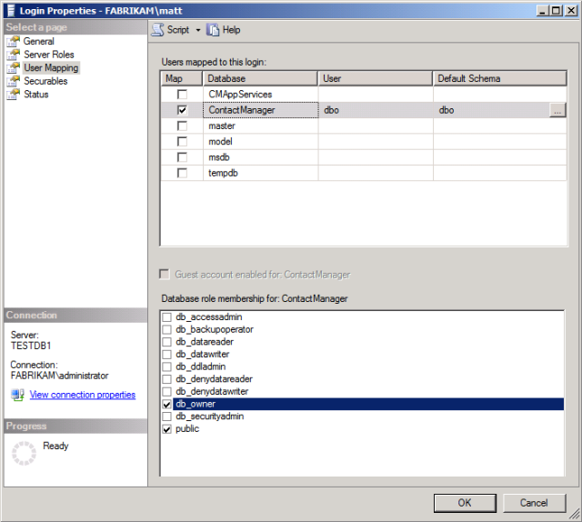 En la lista Pertenencia a roles de base de datos para: [nombre de base de datos], seleccione el rol db_owner.