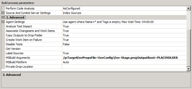 In the MSBuild Arguments row, specify the location of your environment-specific project file and add a placeholder for the location of your build folder.