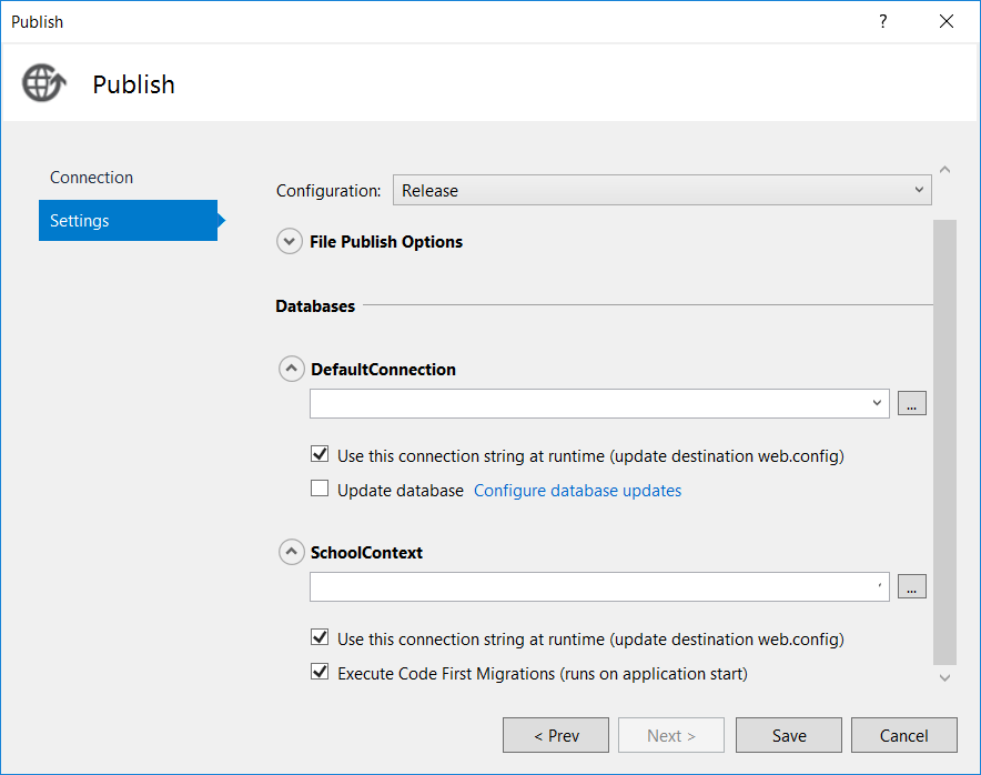 Opciones de publicación de archivos en la pestaña Configuración