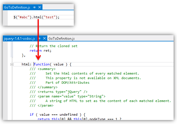 Navegación a definiciones de jQuery