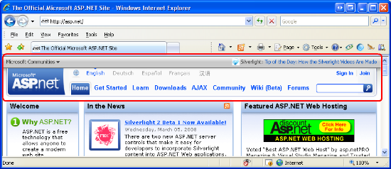 El sitio web de www.asp.net emplea una apariencia coherente en todas las páginas