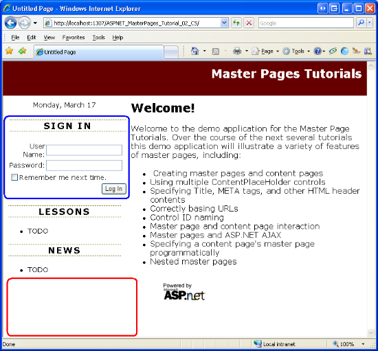 Se muestran el contenido predeterminado para LeftColumnContent y QuickLoginUI ContentPlaceHolders