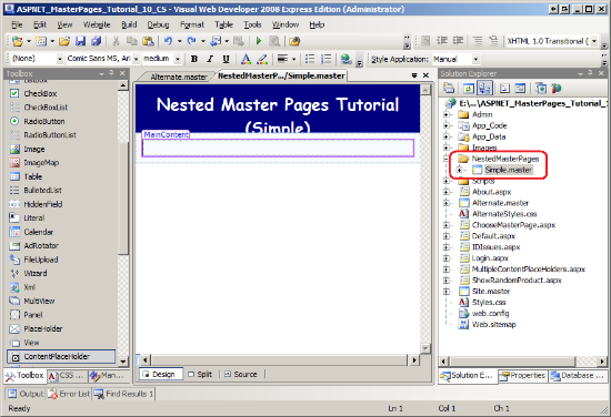 La página maestra Simple.master cuando se carga en el diseñador de Visual Studio.