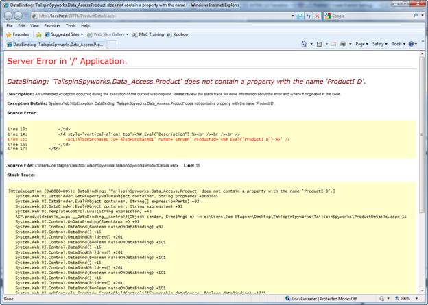 Screenshot that shows an unhandled exception.