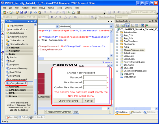 Agregar un control ChangePassword a la página