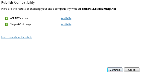 Screenshot of the Publish Compatibility test showing the results of the test with the successful items indicated by a green checkmark icon.