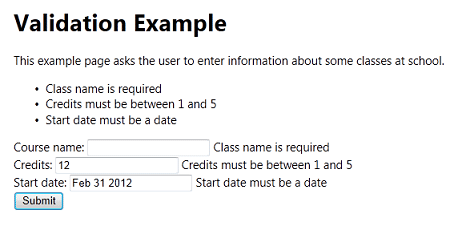 Validation errors in the rendered page