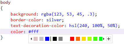 Captura de pantalla que muestra una lista de colores usados anteriormente seguidos de una paleta de colores predeterminada.