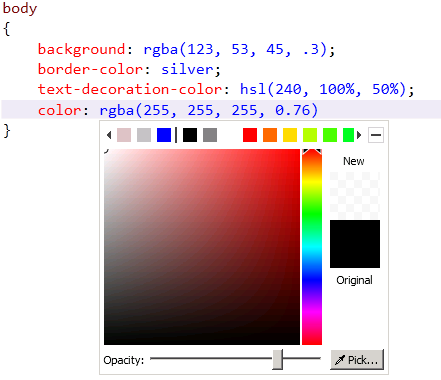 Captura de pantalla que muestra un selector de colores convirtiendo automáticamente cualquier color en RGBA al mover el control deslizante de opacidad.