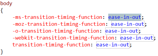 Captura de pantalla que muestra fragmentos de código en el editor de CSS. Se seleccionan las palabras ease in out.