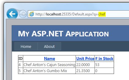 Captura de pantalla que muestra un explorador en la página Mi aplicación ASP.NET. Hay dos variables enumeradas para la comida cajún.