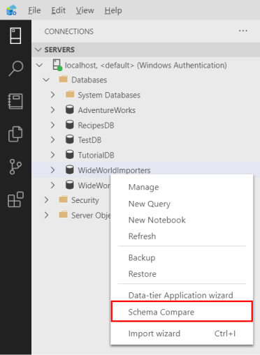 Captura de pantalla de la interfaz gráfica de usuario de Azure Data Studio, inicio de comparación de esquemas.