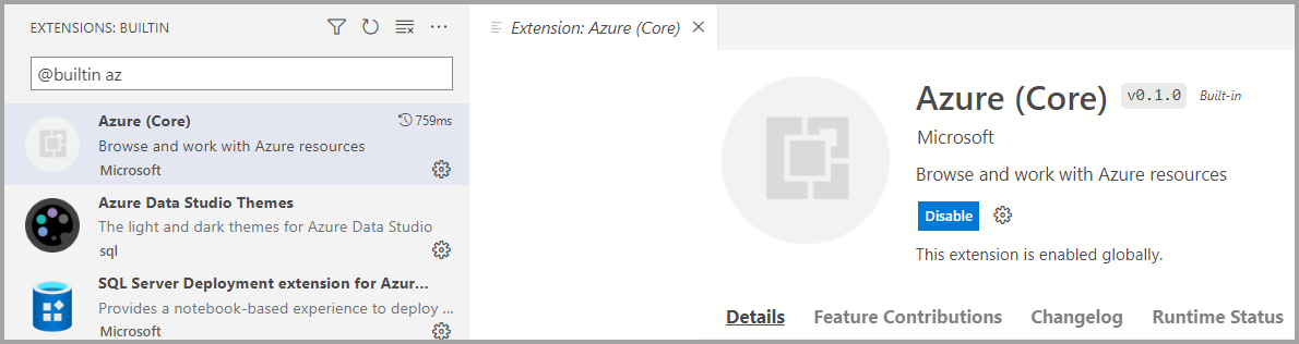 Instantánea de la extensión built-in de Azure Core.