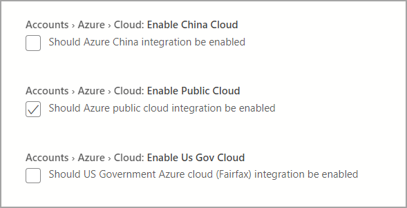 Captura de pantalla de las nubes nacionales de autenticación de Azure.