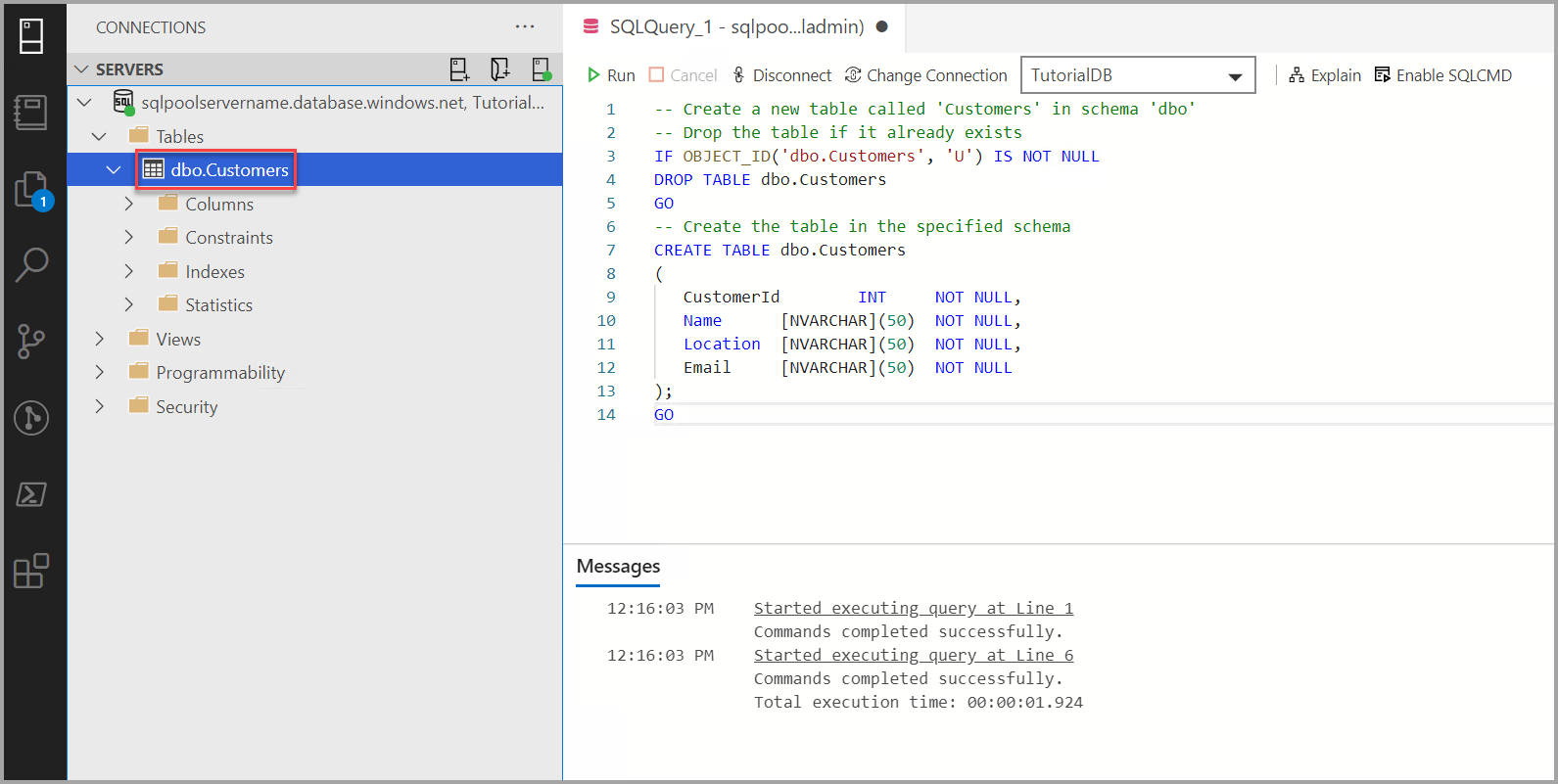 Creación de una tabla en la base de datos TutorialDB