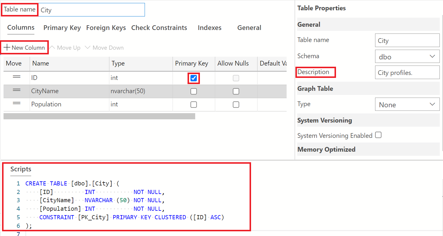 Captura de pantalla del Diseñador de tablas que muestra cómo editar el nombre de la tabla y agregar una columna que muestra el identificador de clave principal. También muestra el script T-SQL generado desde el Diseñador de tablas.