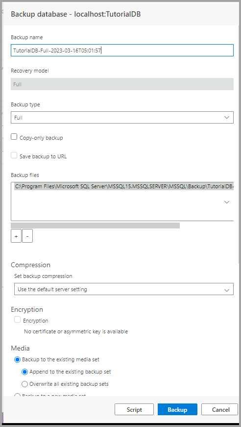 Captura de pantalla del cuadro de diálogo Backup (Copia de seguridad).