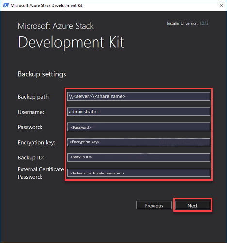 Página de configuración de copia de seguridad del ASDK