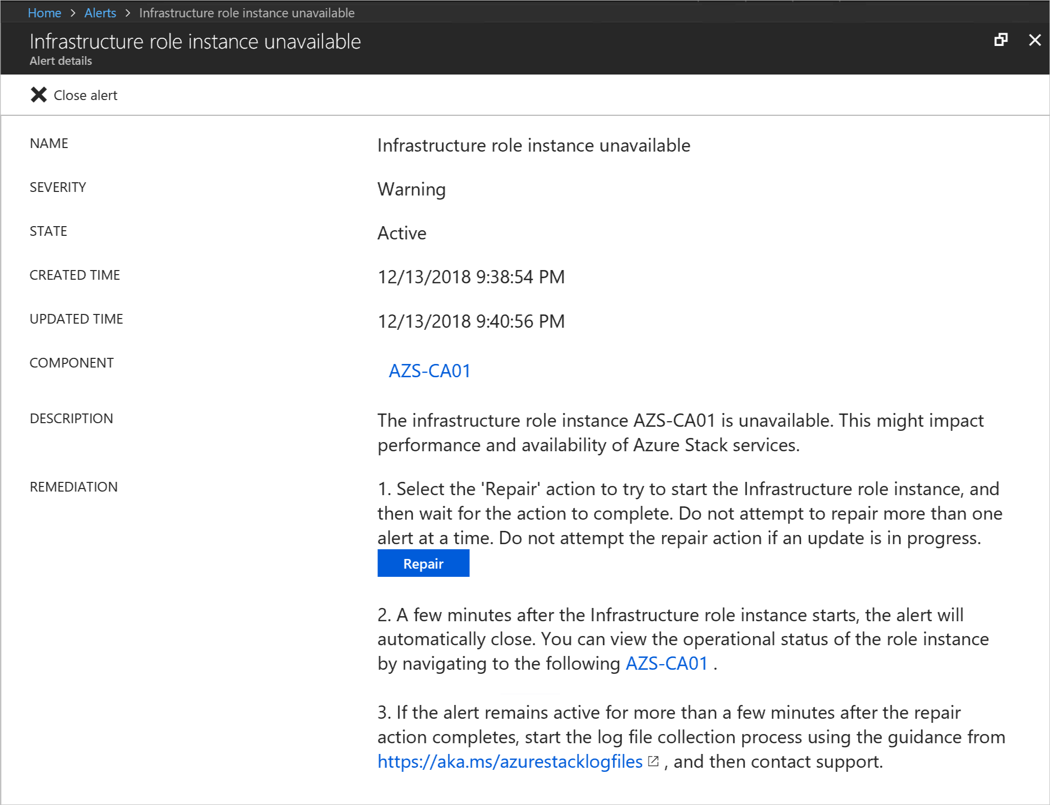 Hoja Detalles de alerta en el portal de administración de Azure Stack