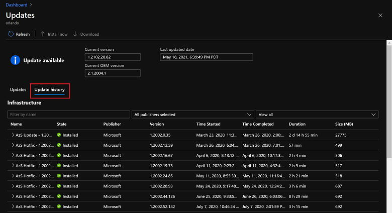 Historial de actualizaciones de Azure Stack Hub