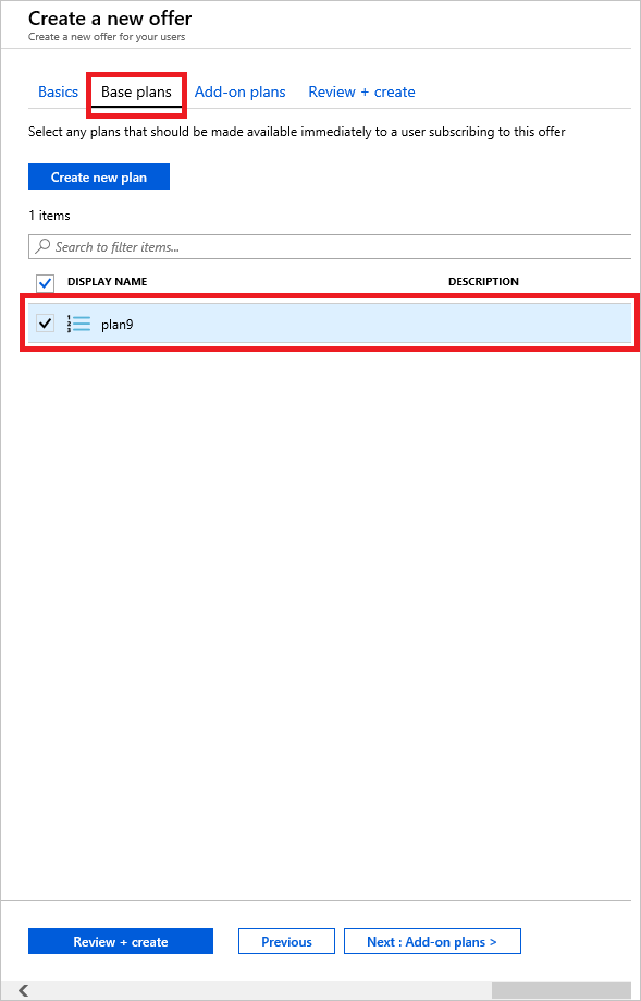 Captura de pantalla que muestra cómo seleccionar un plan para incluirlo en la oferta de Azure Stack Hub.