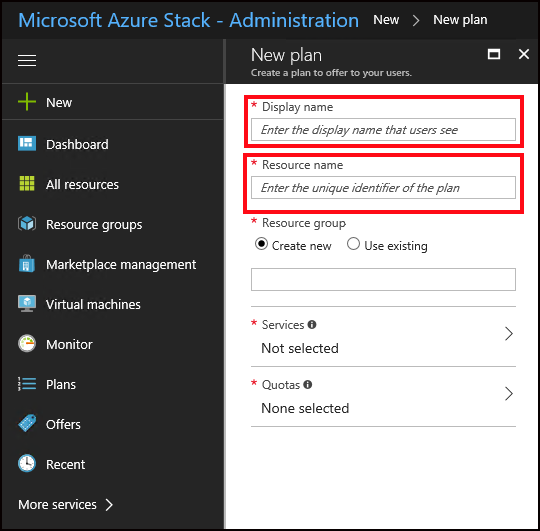 Especificación de los detalles de un nuevo plan en Azure Stack Hub