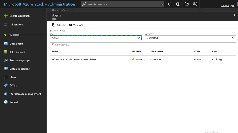 Panel de filtros para filtrar por el estado Crítica o Advertencia en el portal del administrador de Azure Stack Hub